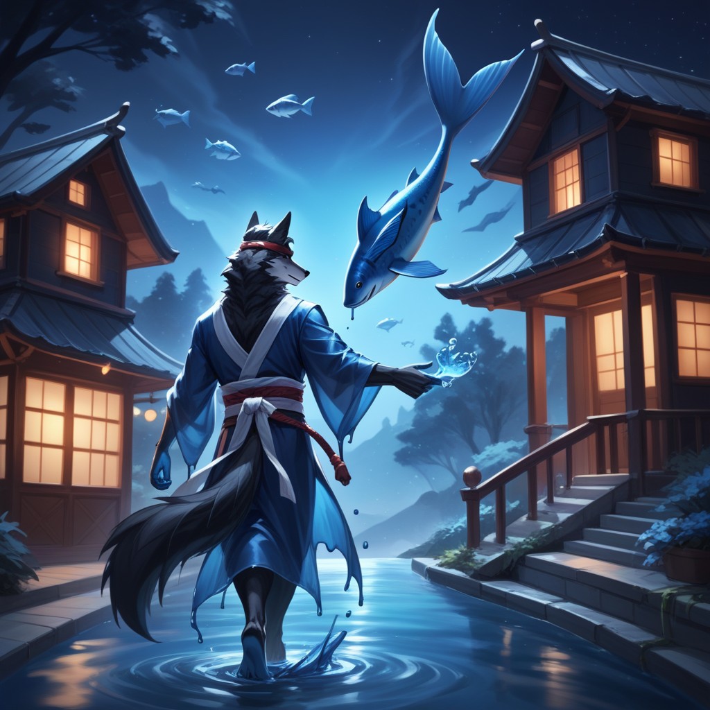 Black Wolf Walking Away From Viewer, Samurai, Rear View Furry AI Porn