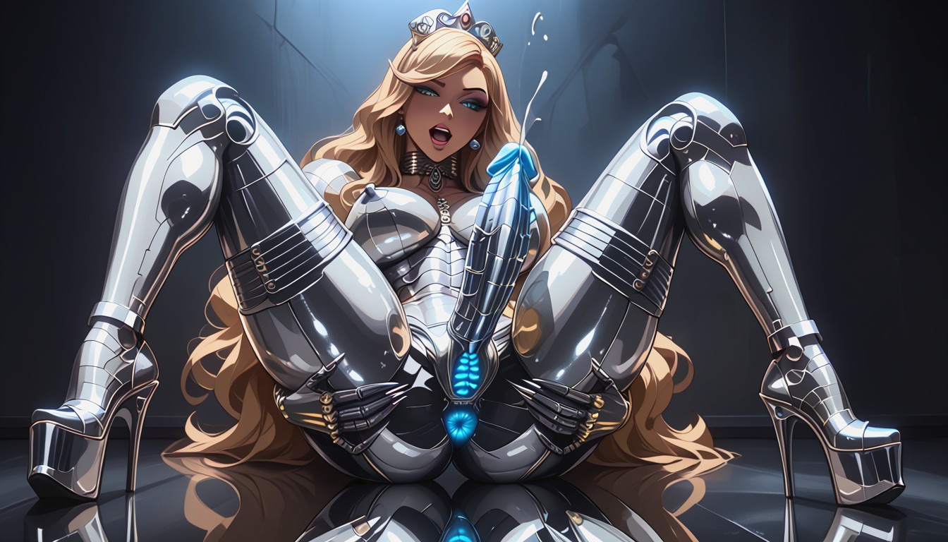 Shiny Chrome Metallic Massive Robotic Breasts, High Platform Wedges With Spiked Heels, Long Legs Shemale AI Porn