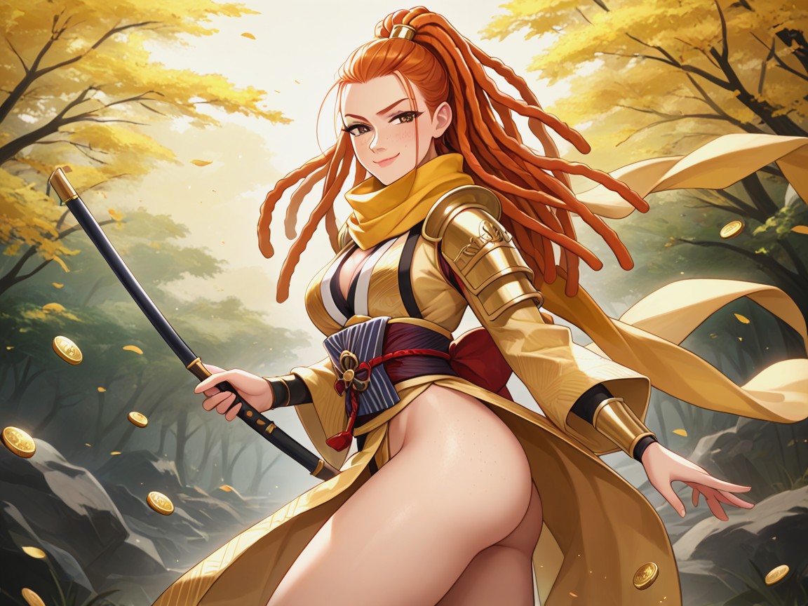 Gold Silk Samurai Robe Over Armor, Japanese Naval Bune Background, Gold Samurai Flag In Background Latina AI Porn