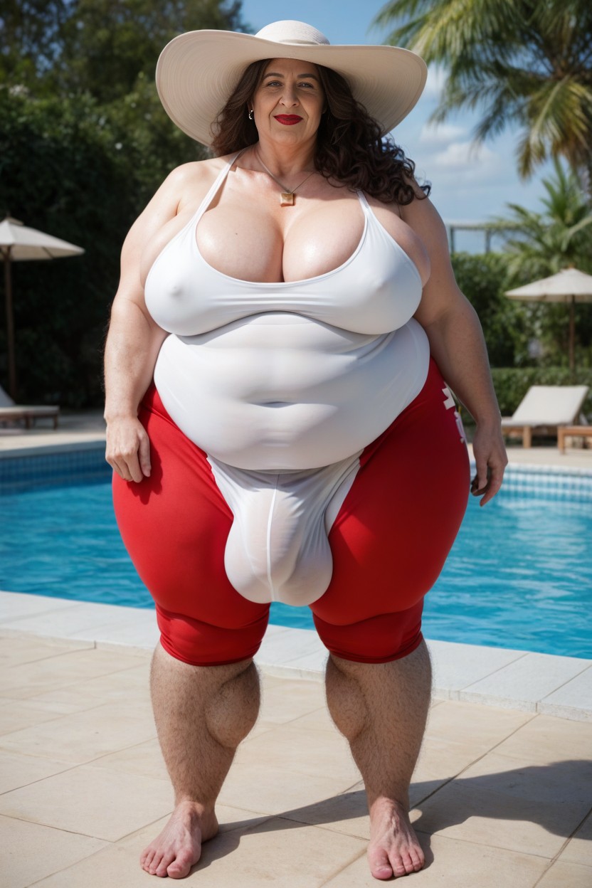 Extremely Tall, Public Pool Background, Red Sport Shorts AI Porn