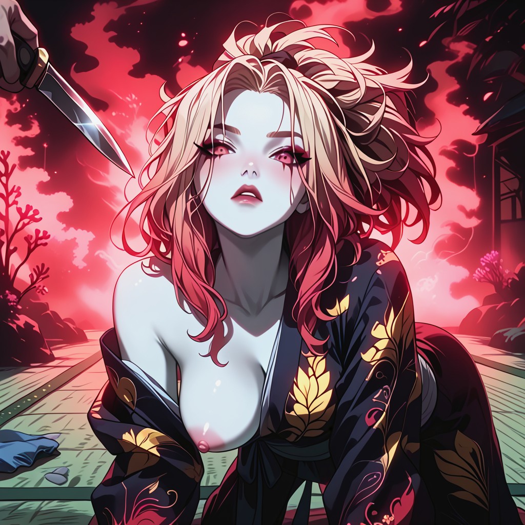 Coral Kimono With A Floral Pattern, Ultra Pale Skin, Head Arched Back Hentai AI Porn