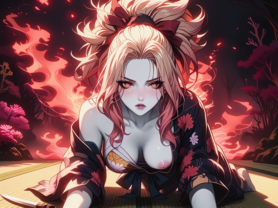 Coral Kimono With A Floral Pattern, Blonde Hair, Viewed From The Front Hentai AI Porn
