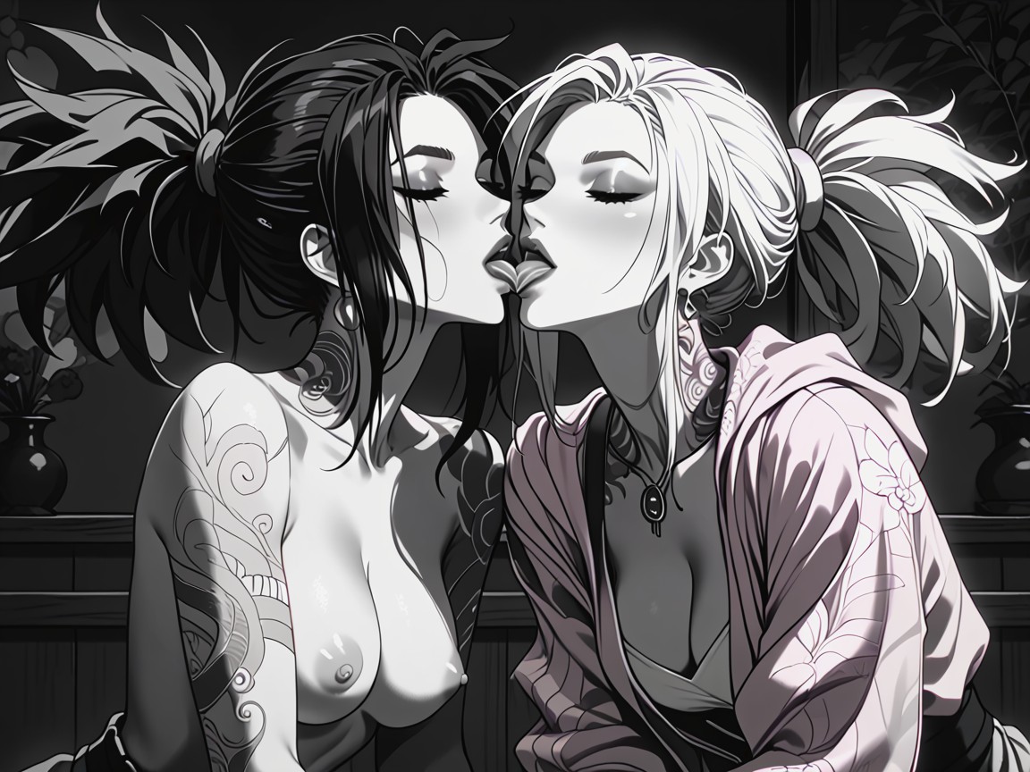 Woman Kneeling, Lesbian Kissing, Lara Croft With Hair Buns Hentai AI Porn