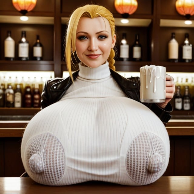 Fully Clothed, Hyper Gigantic Nipple Bulge, Happy AI Porn