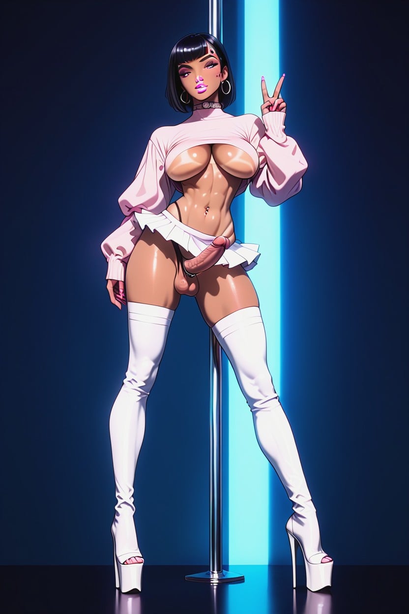 Pole Dance, Long Straight Hair, White Hair AI Porn