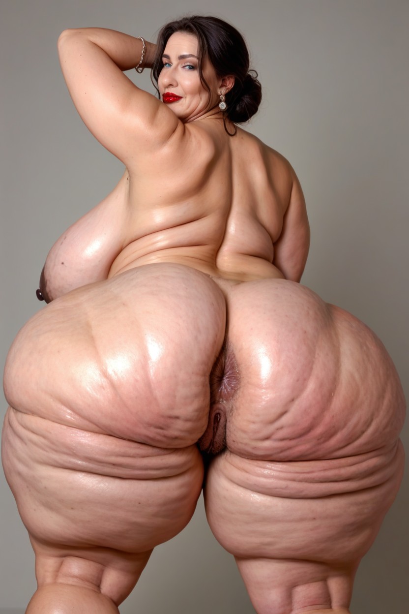Pear Shaped Figure, Standing In The Jungle In Front Of A Waterfall, Big Dark Nipples BBW AI Porn