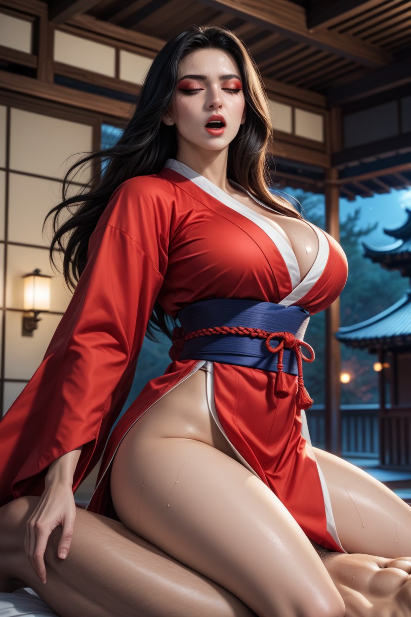 Facing A Man, Female Sexy Kimono Clothing, Sitting In His Lap AI Porn