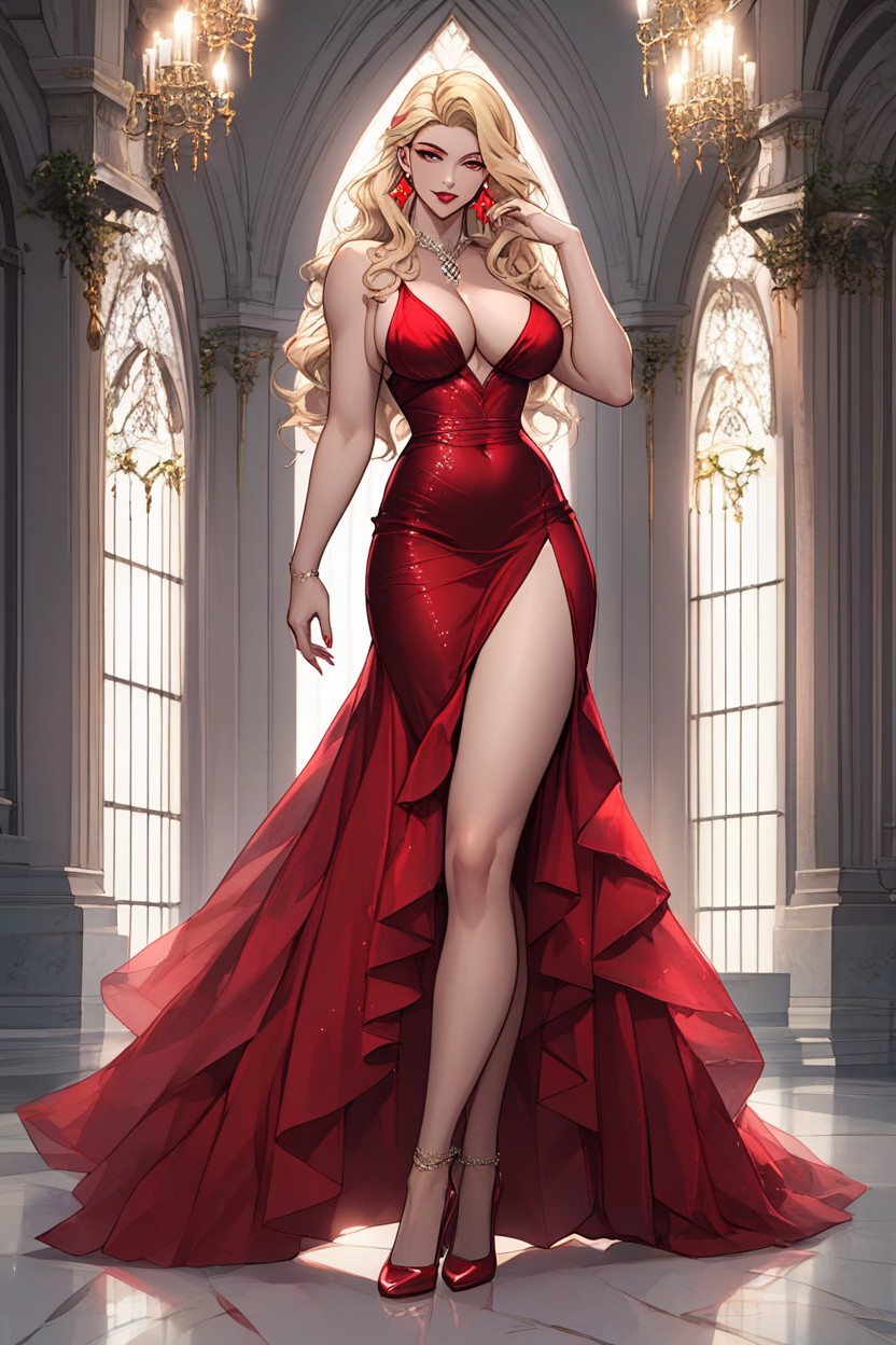 Red Dress, Solo, Sharp Eyeliner Hentai AI Porn