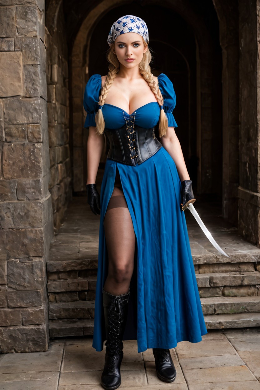 Long Knife In Hand, Brown High Leather Gloves, White Medieval Blouze AI Porn