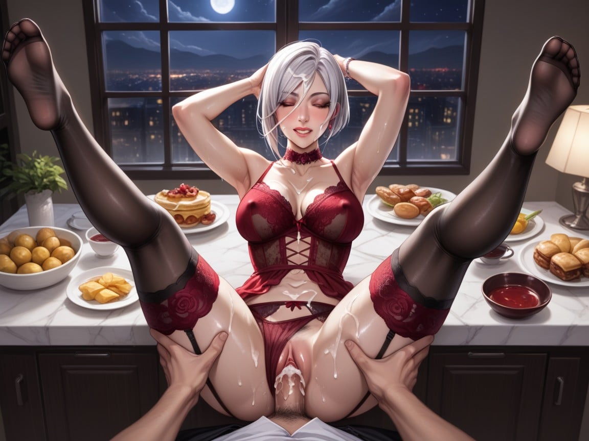 Artstyle Of Melkormancin, Long Red Lace Stockings, Food On Table Hentai AI Porn