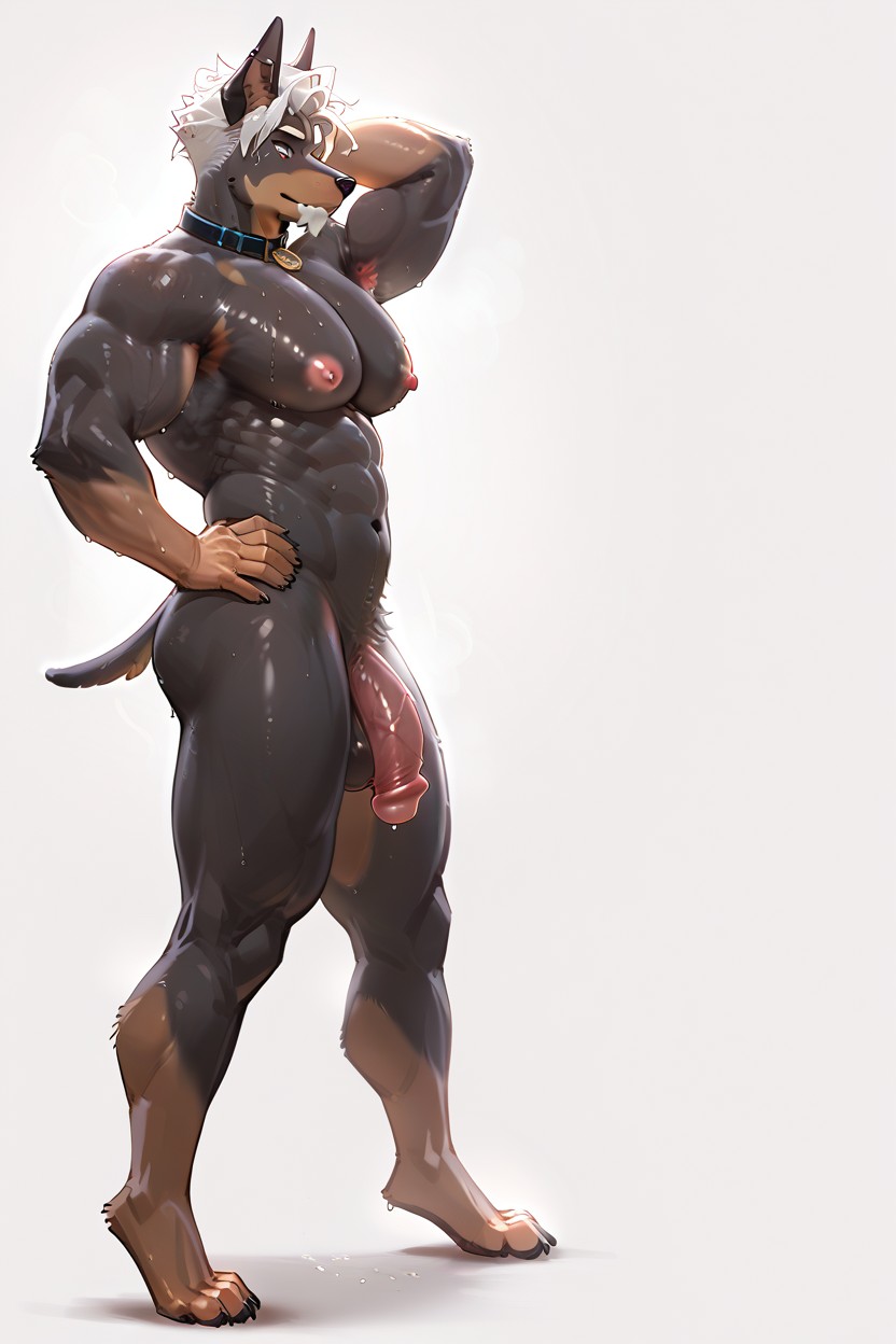 Hands On Hips, Glistening Body, Big Pecs Furry AI Porn