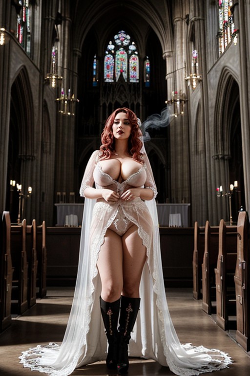 Fit, Full Body, Shadows Stretching Across Cracked Frescoes Fallen Hymnal Pages Swirl Around Her Boots AI Porn