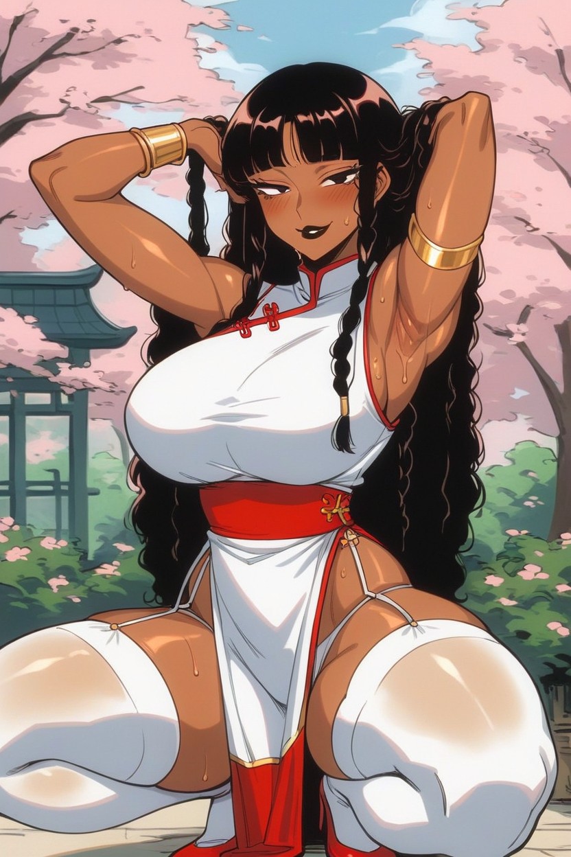 Gold Necklace, Half Closed Eyes, Arms Up Hentai AI Porn