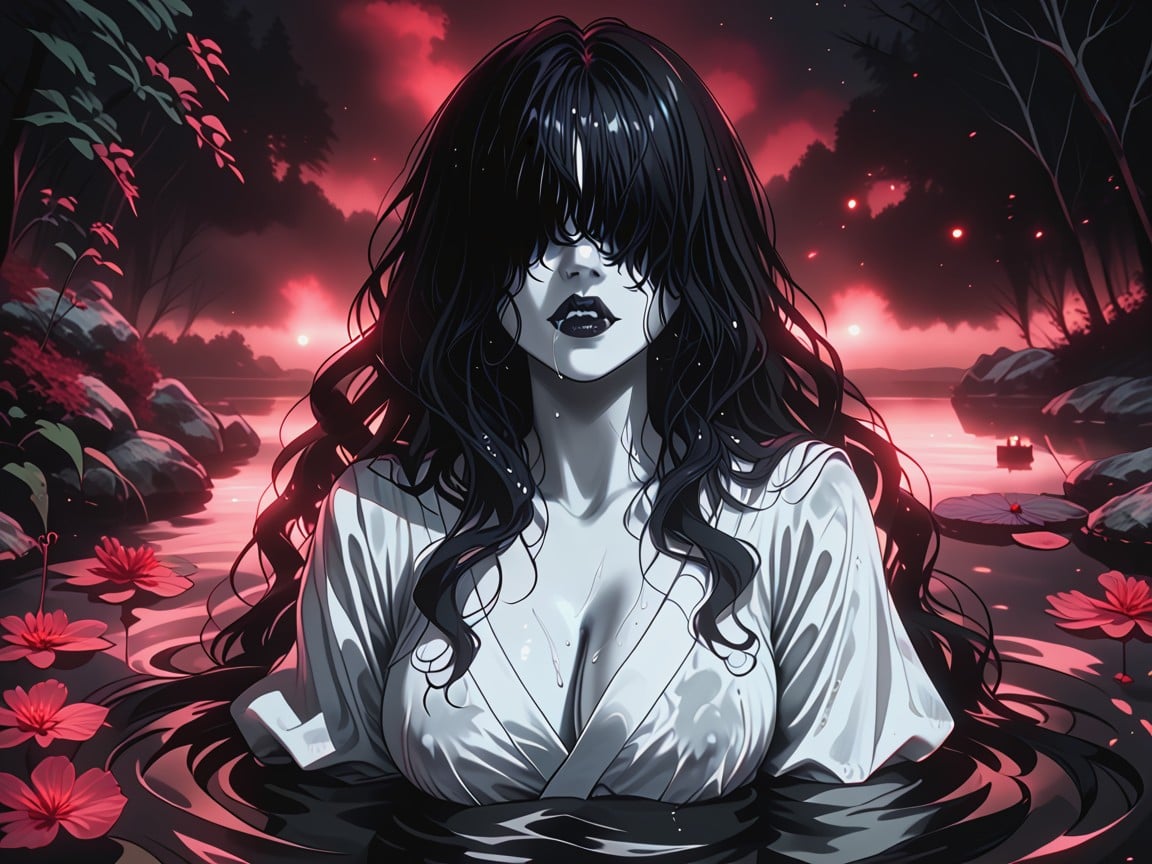 Hair Covering Her Face, Wet White Funeral Kimono, Surrounded By Spirit Flames Hentai AI Porn