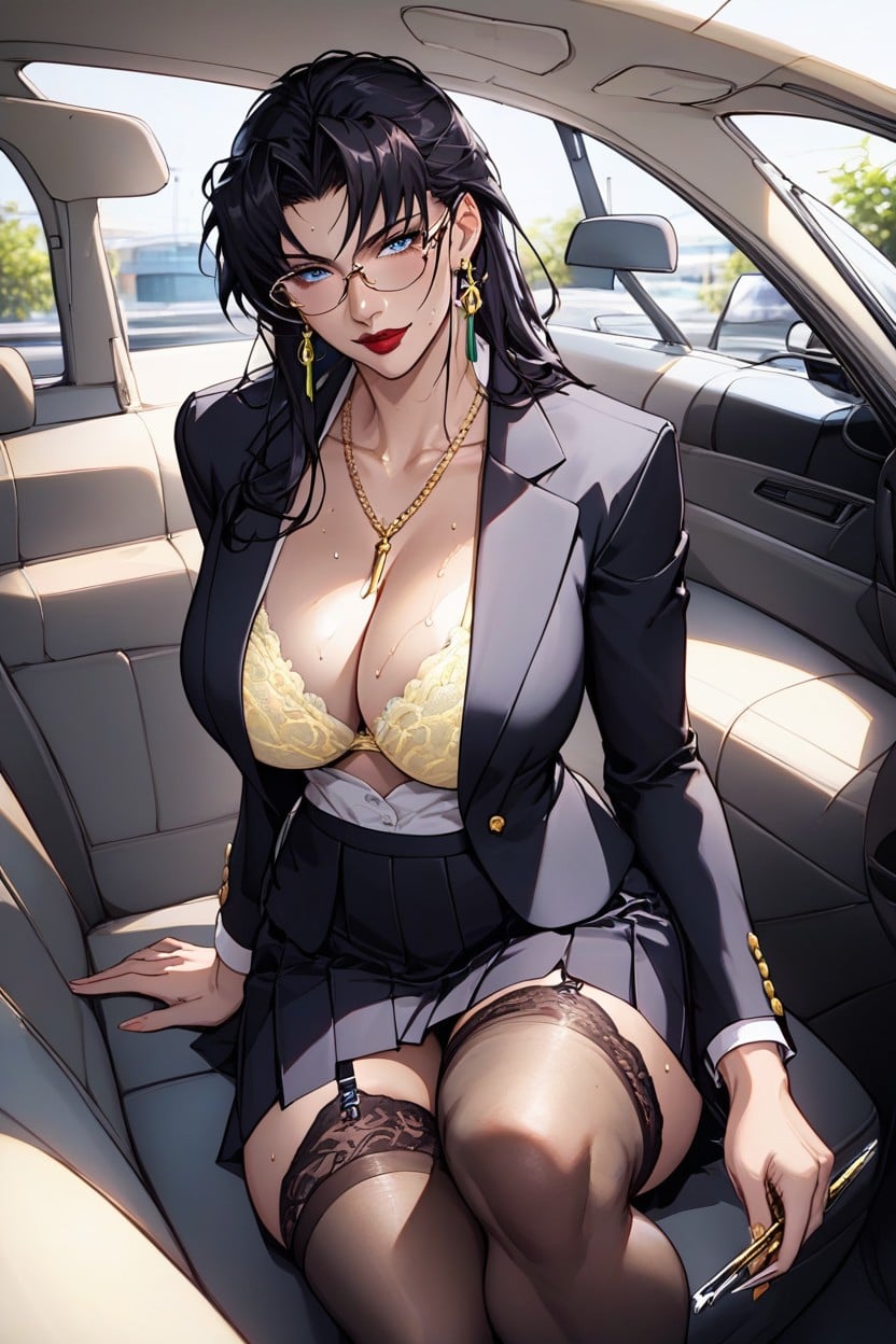 Navy Pleated Skirt, Cleavage, Front View Hentai AI Porn