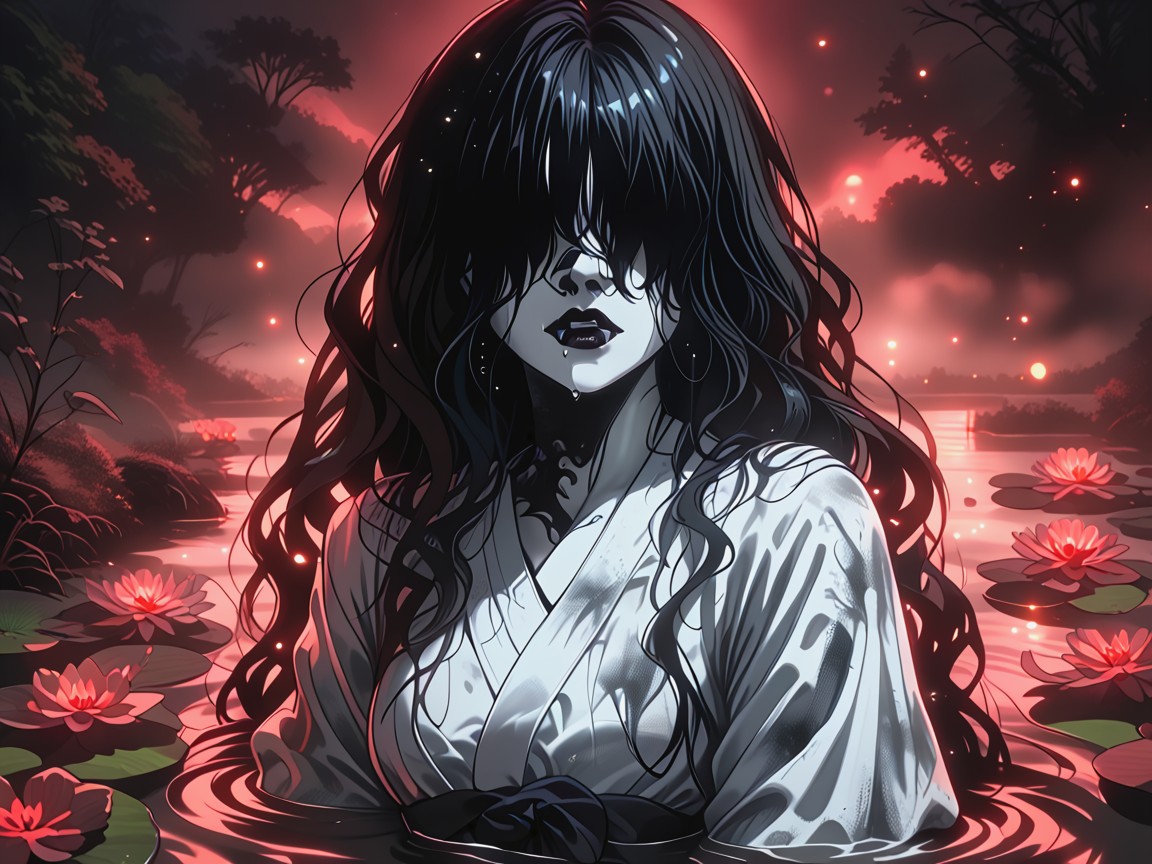 Wet White Funeral Kimono, Long Disheveled Black Hair, No Eyes Hentai AI Porn