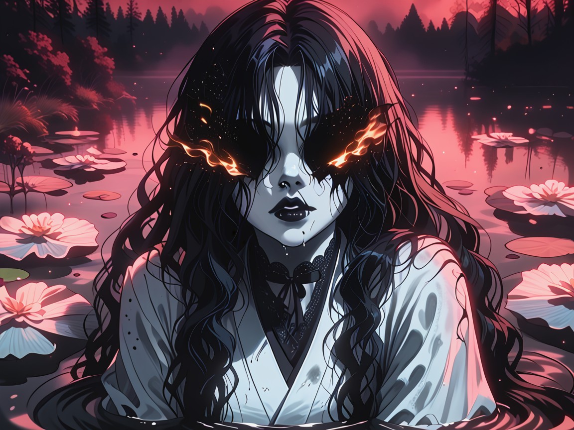 No Eyes, Long Disheveled Black Hair, Hair Covering Her Face Hentai AI Porn
