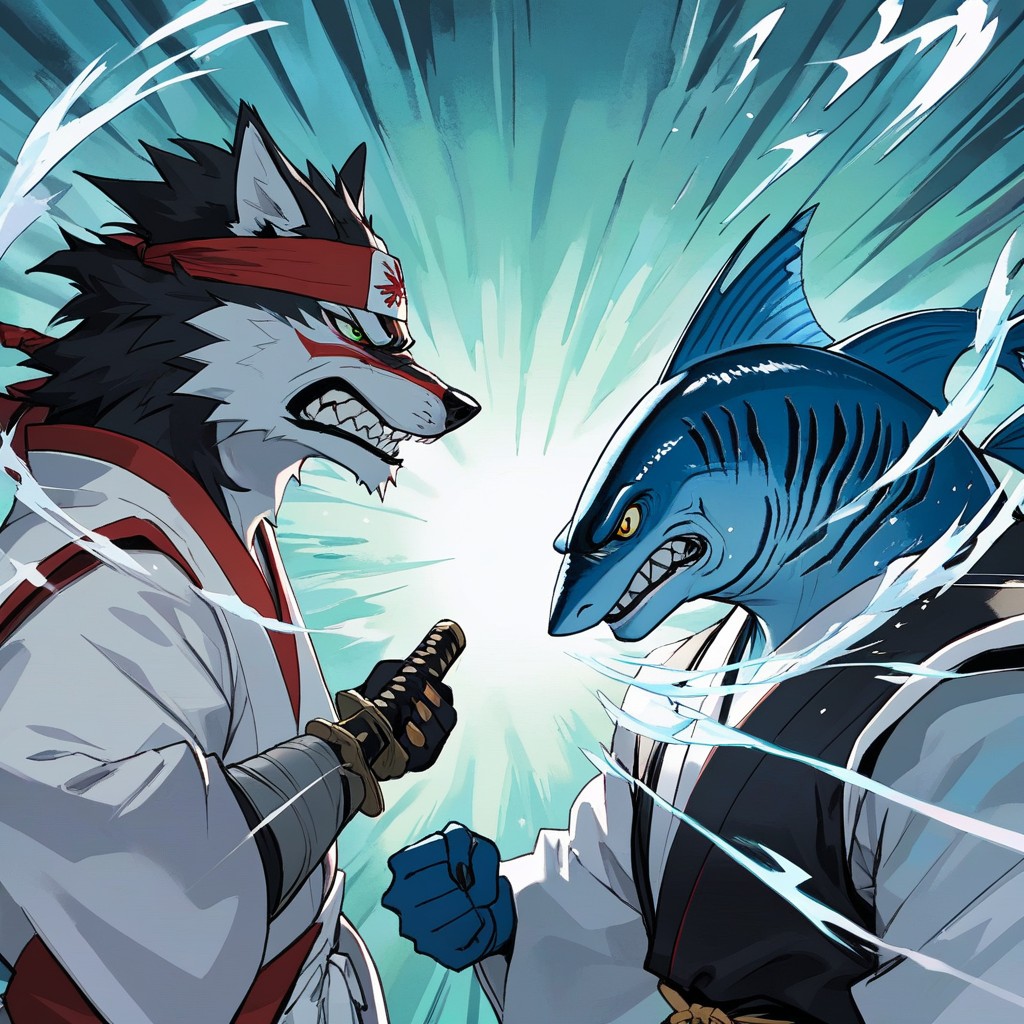 Black Furry Wolf And Blue Big Fish Facing Each Other, Clashing, View From Distance Furry AI Porn