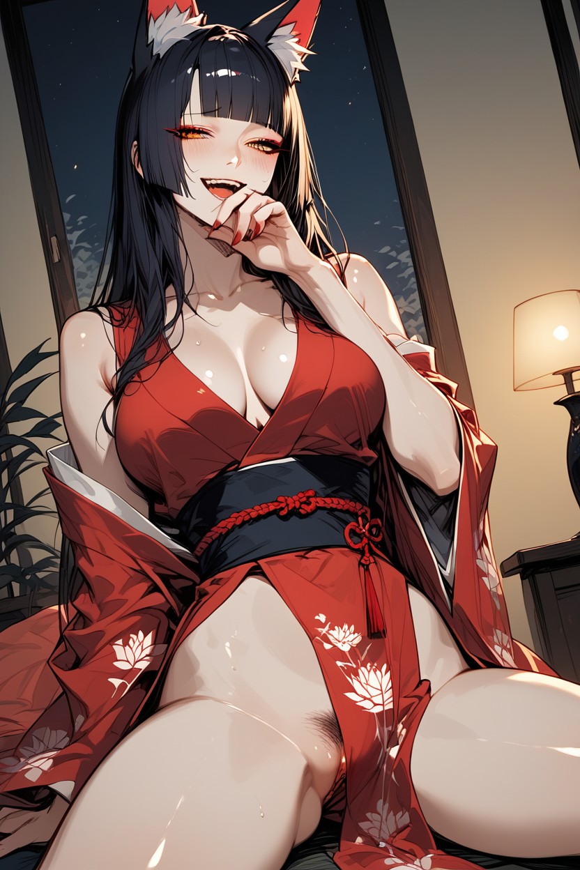 Mouth Slightly Open, Crimson Red Lips, Medium Breast Hentai AI Porn