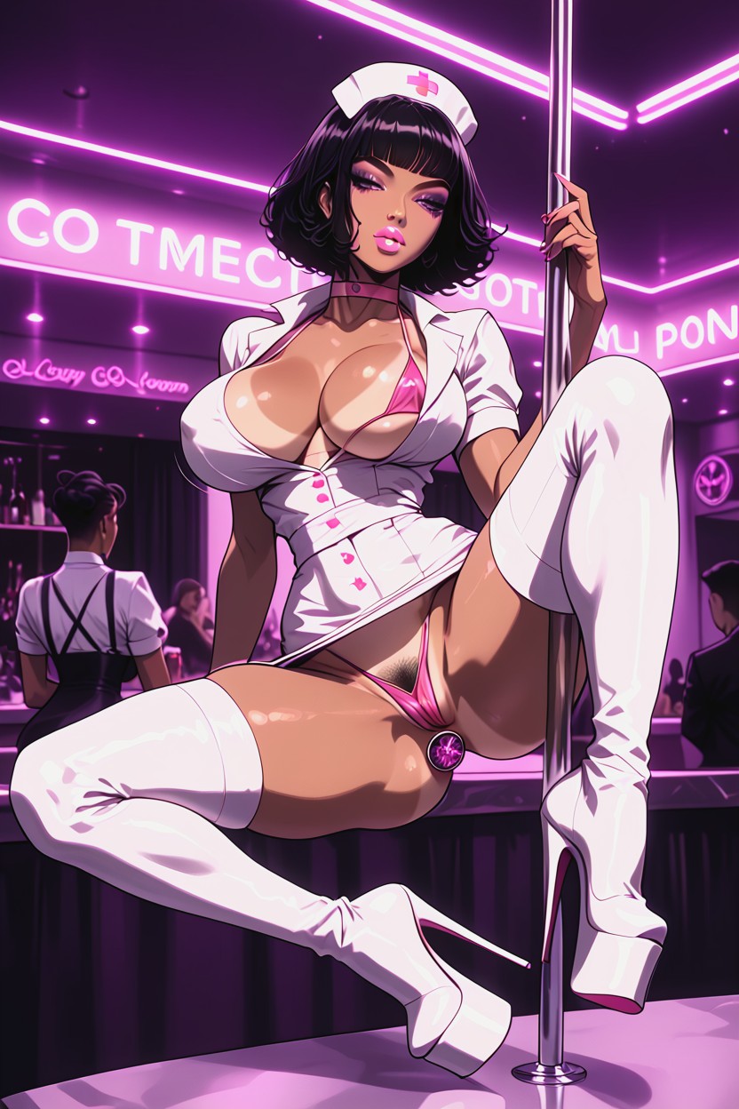 Black Hair, Nipple Sucking, Out One Breast Out AI Porn