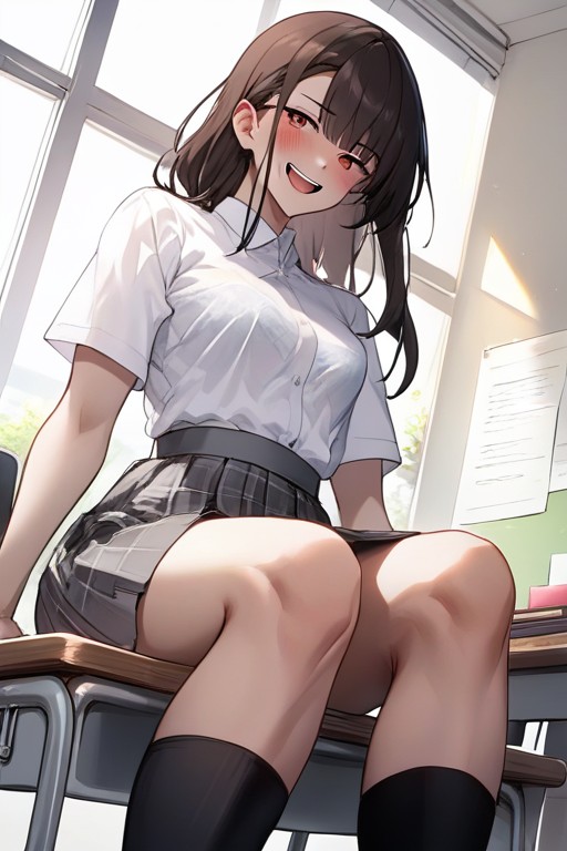From Below, 18+, Japanese Woman Sitting At A Desk Hentai AI Porn