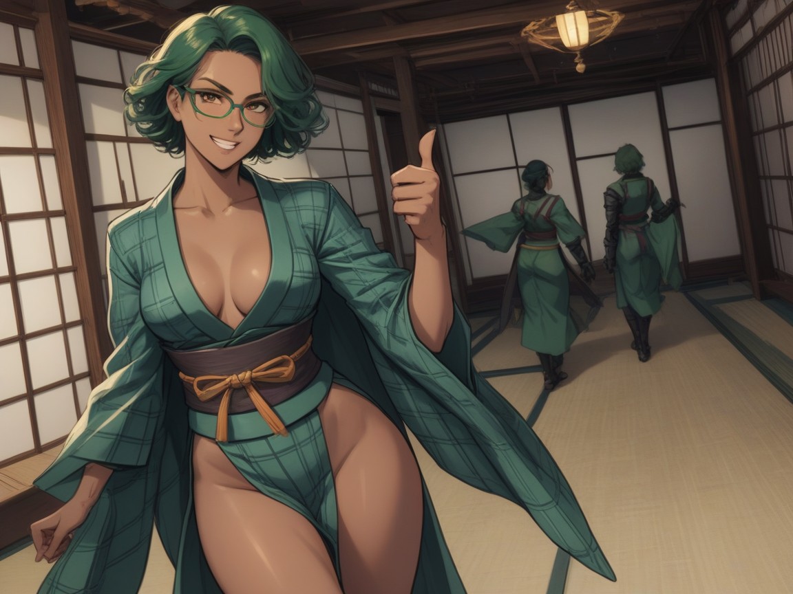 1 Persona, Wearing Green Plaid Feudal Japanese Clothes, Squared Chest Width Porno latina IA