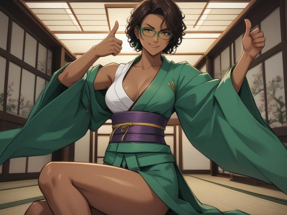 Green Hair Ribbon, Wearing Green Plaid Feudal Japanese Clothes, Green Samurai Armor Latina AI Porn