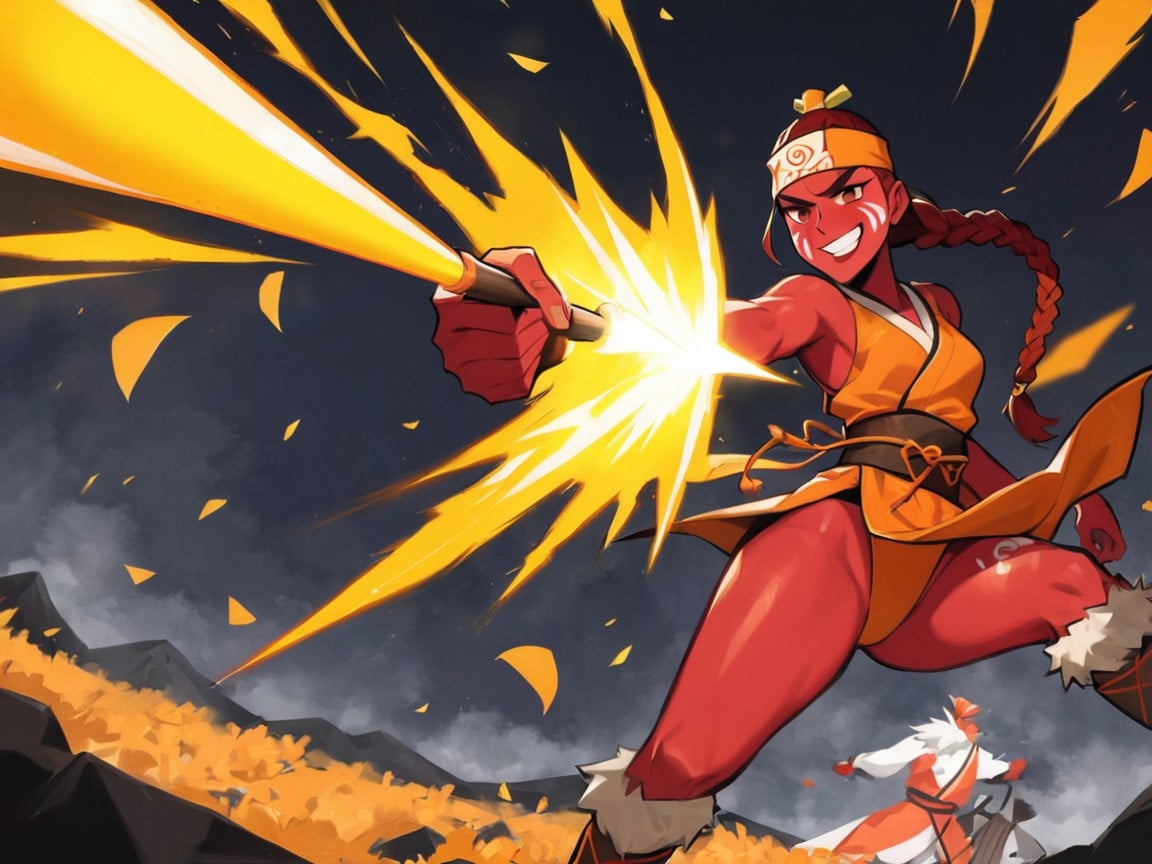 Vibrant Saturated Colors, Rounded Hips, Woman Holding A Large Spear With Both Hands Porno latina IA