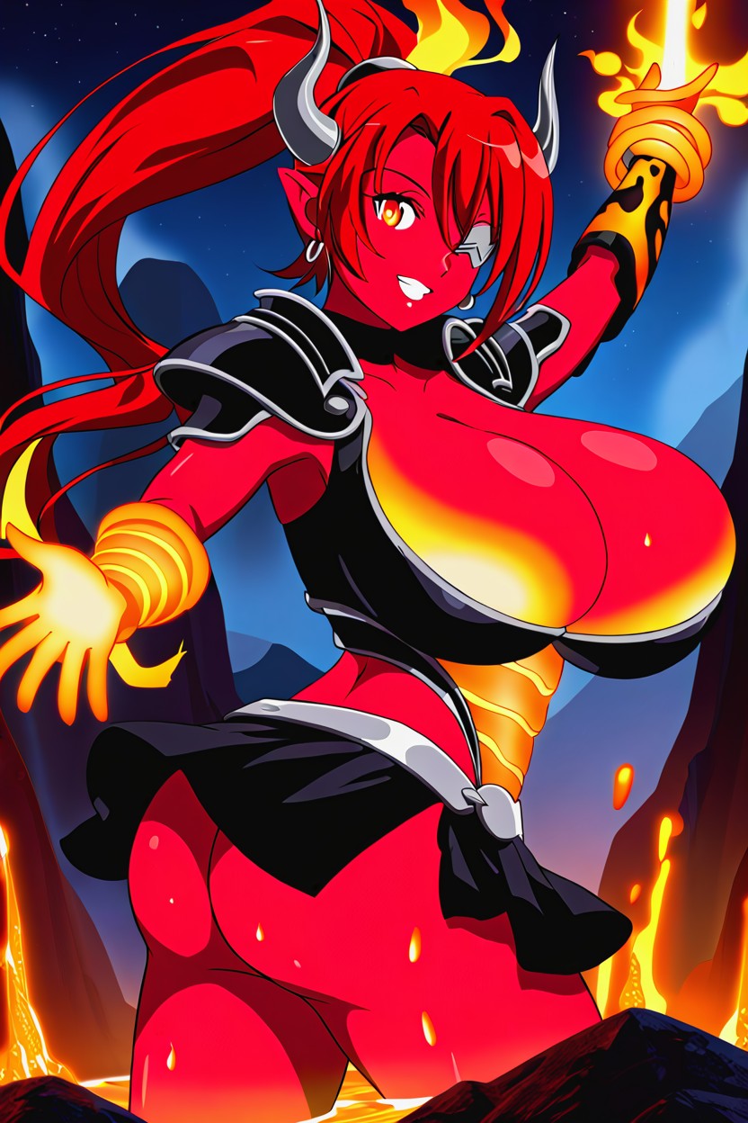 Magma Waist, Flame Armor Made Of Fiery Lava On Hips, Red Hair Orange Hair Yellow Hair 라틴 AI 야짤