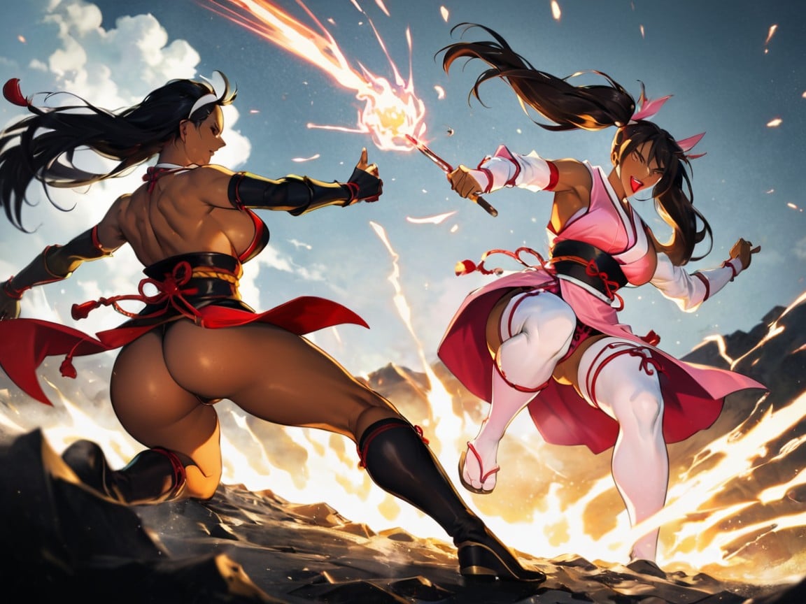 Nsfw, Feudal Japan Setting, Neon Energy Explosion In Background Porno IA Latina