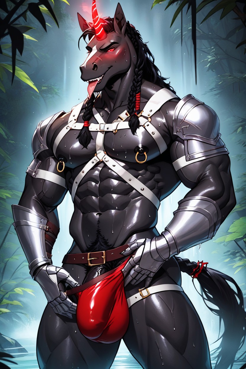 Silver Chest Harness, Black Armpit Hair, Swamp Furry AI Porn
