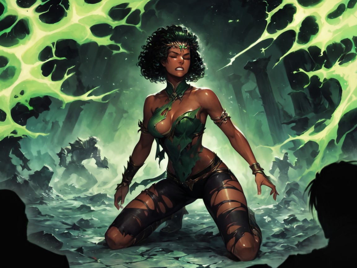 One Woman, Torn Green Battle Robes, Low Torso Height Latina AI Porn