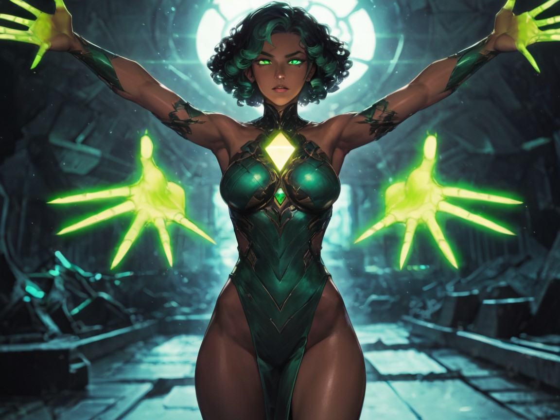 Ojos Verdes, Neon Green Cloak, Squared Shoulders Porno latina IA