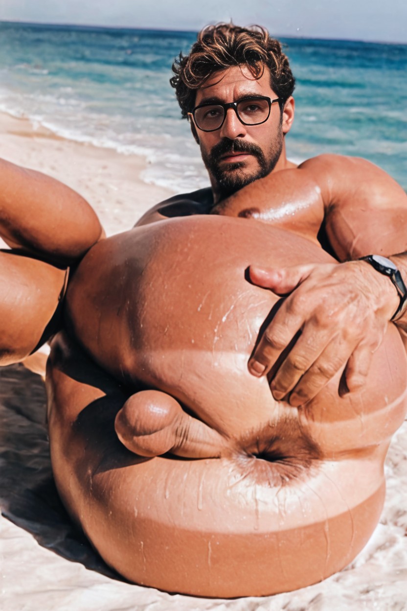 Broad Shoulders, Beach, Opening His Buttocks 게이 AI 포르노