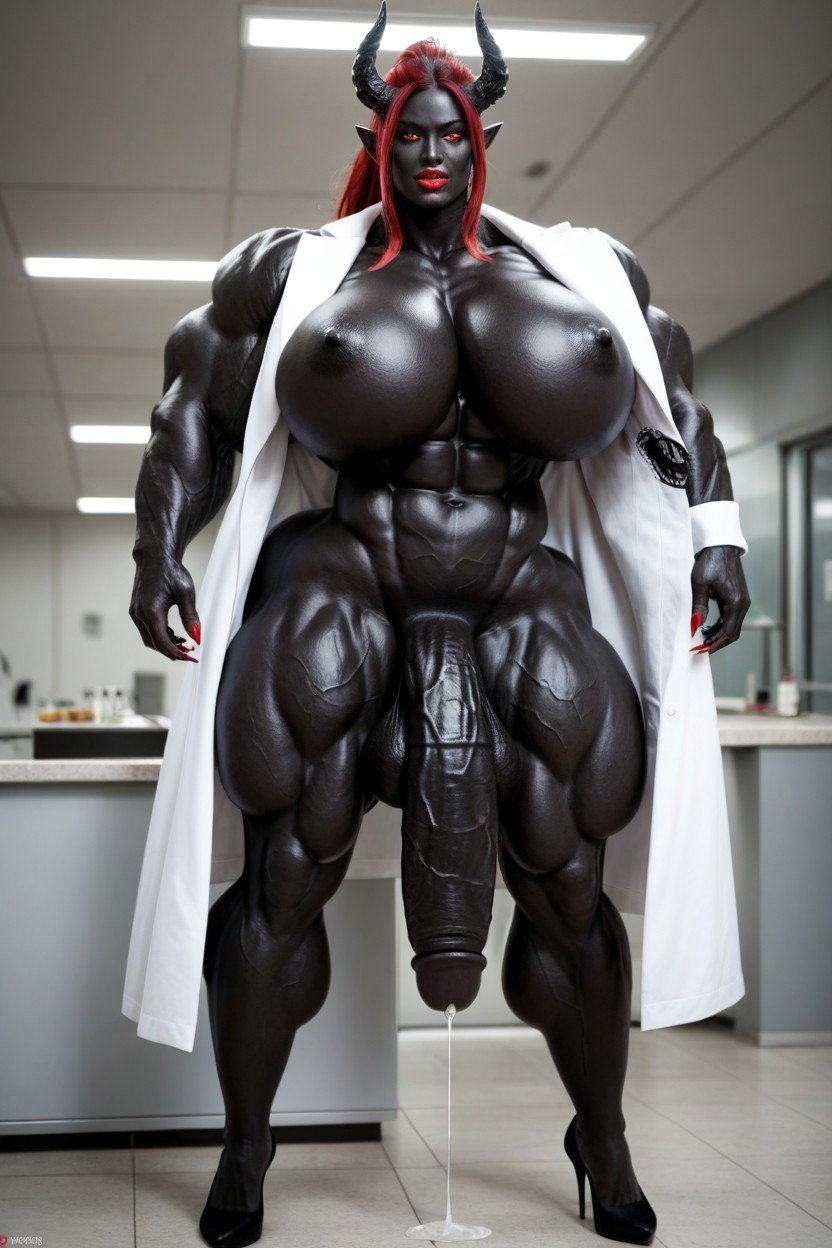 Gigantic Muscle Trapez, Red Lips, Glowing Red Eyes Shemale AI Porn