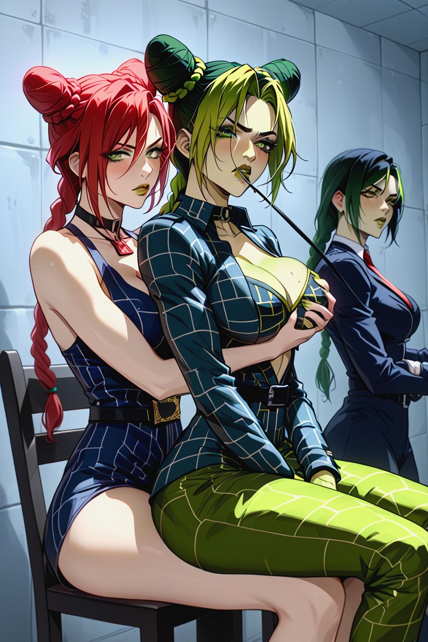 Groping, Jolyne Getting Dominated By Makima, Makina Sitting Down Hentai AI Porn