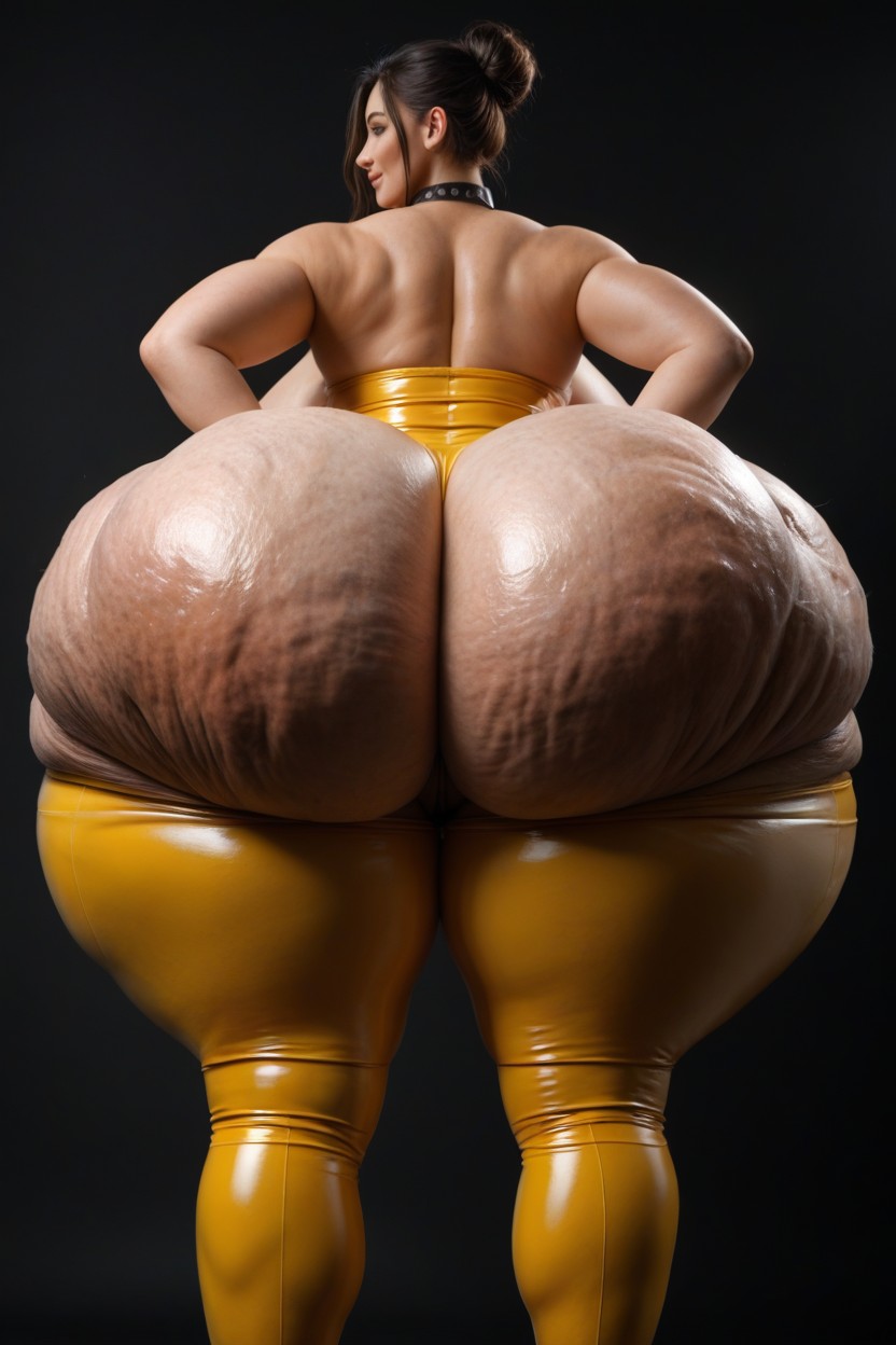 Hair Parted In Middle, Oiled Skin, Golden Latex Yoga Shorts AI Porn