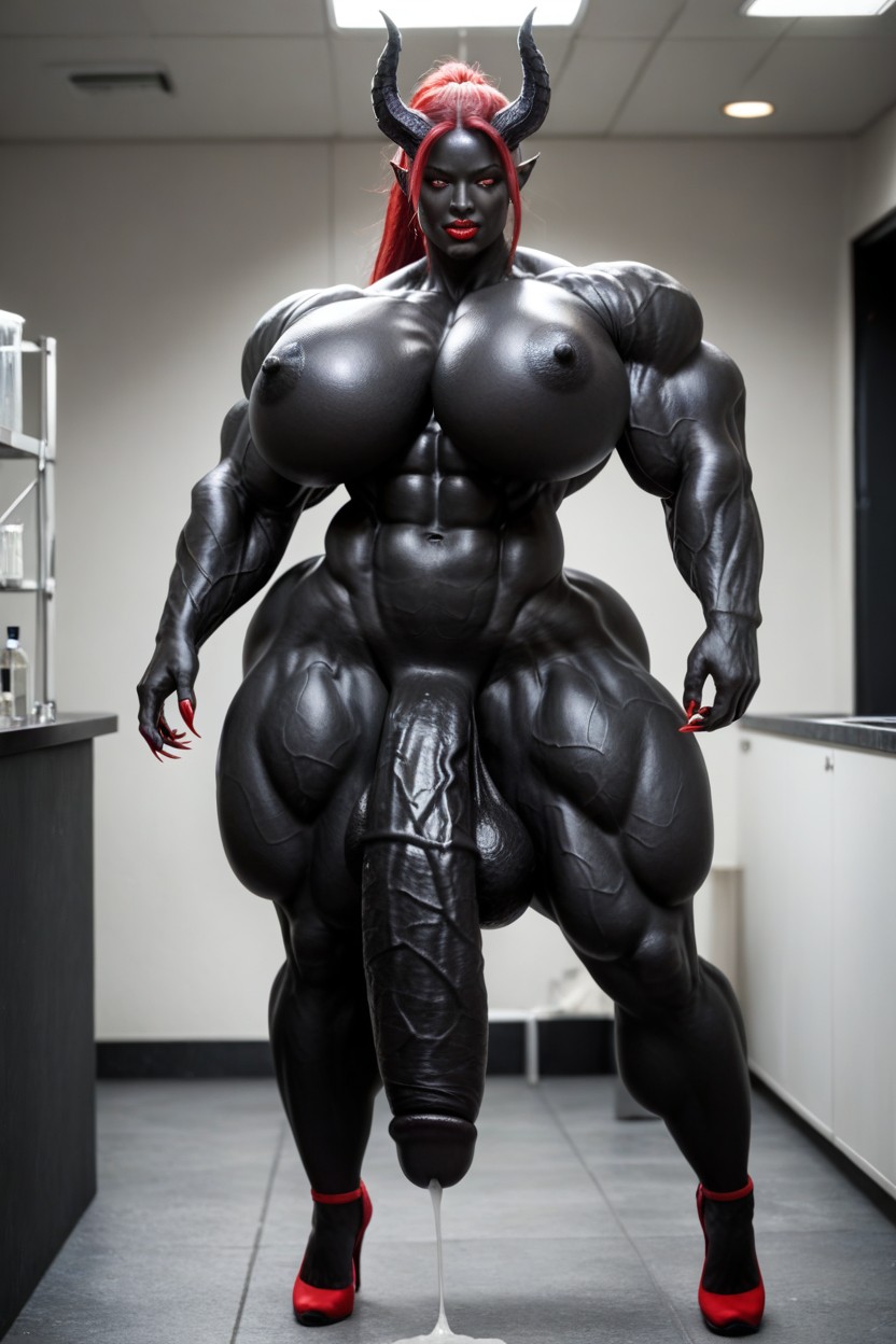 Hyper Black Balls, Extremely Long Black Cock, Red Lips Shemale AI Porn