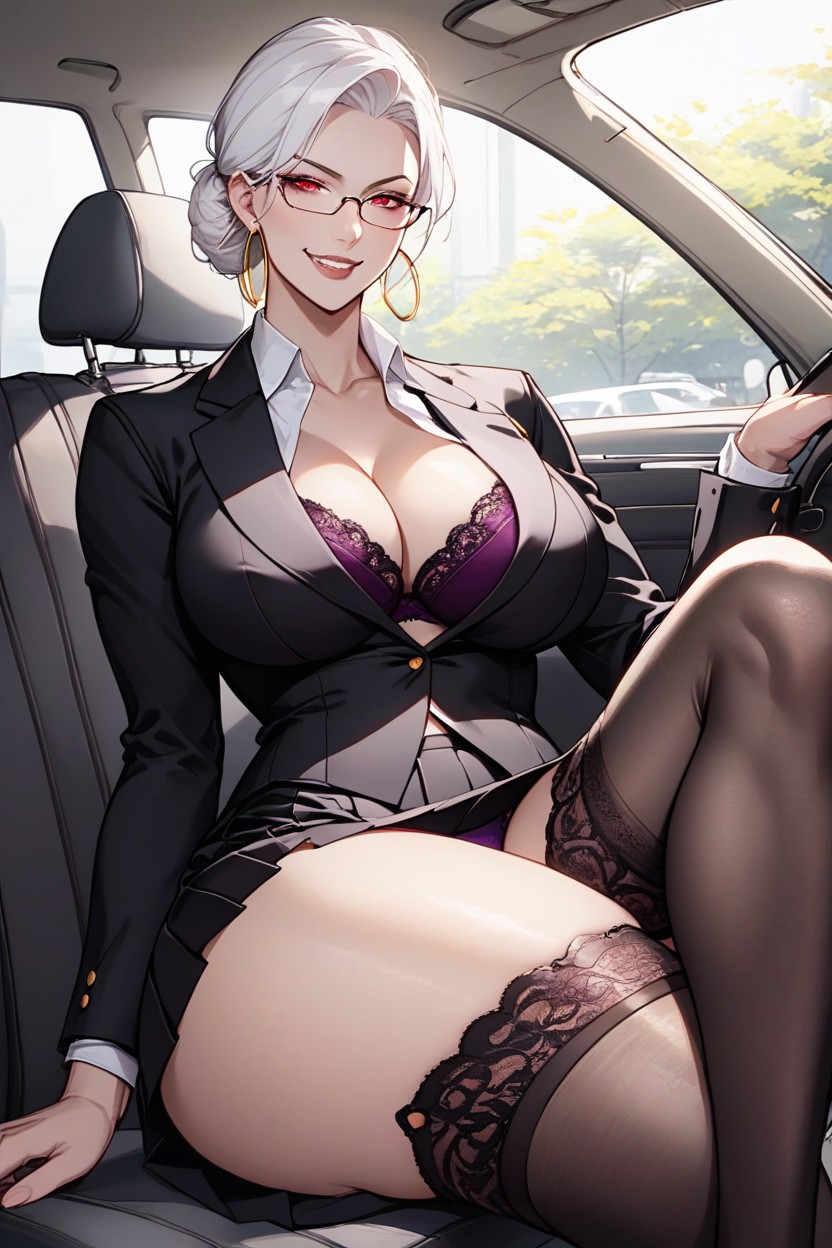 Close Up View Of The Camera Position, White Hair, Purple Panties On One Leg Hentai AI Porn