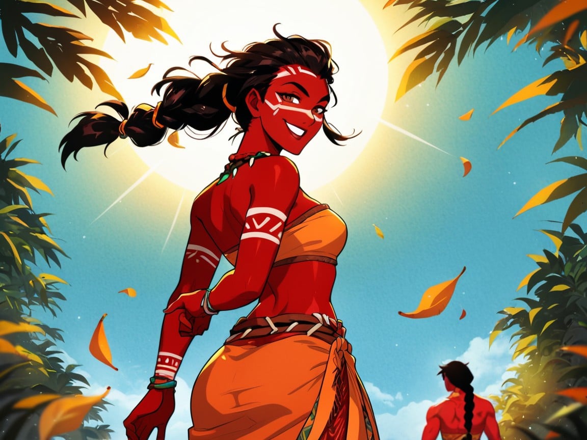 Close Set Breasts, Sea Cliff Overlook Background, Wearing Orange Tribal Scout Clothes Latina AI Porn
