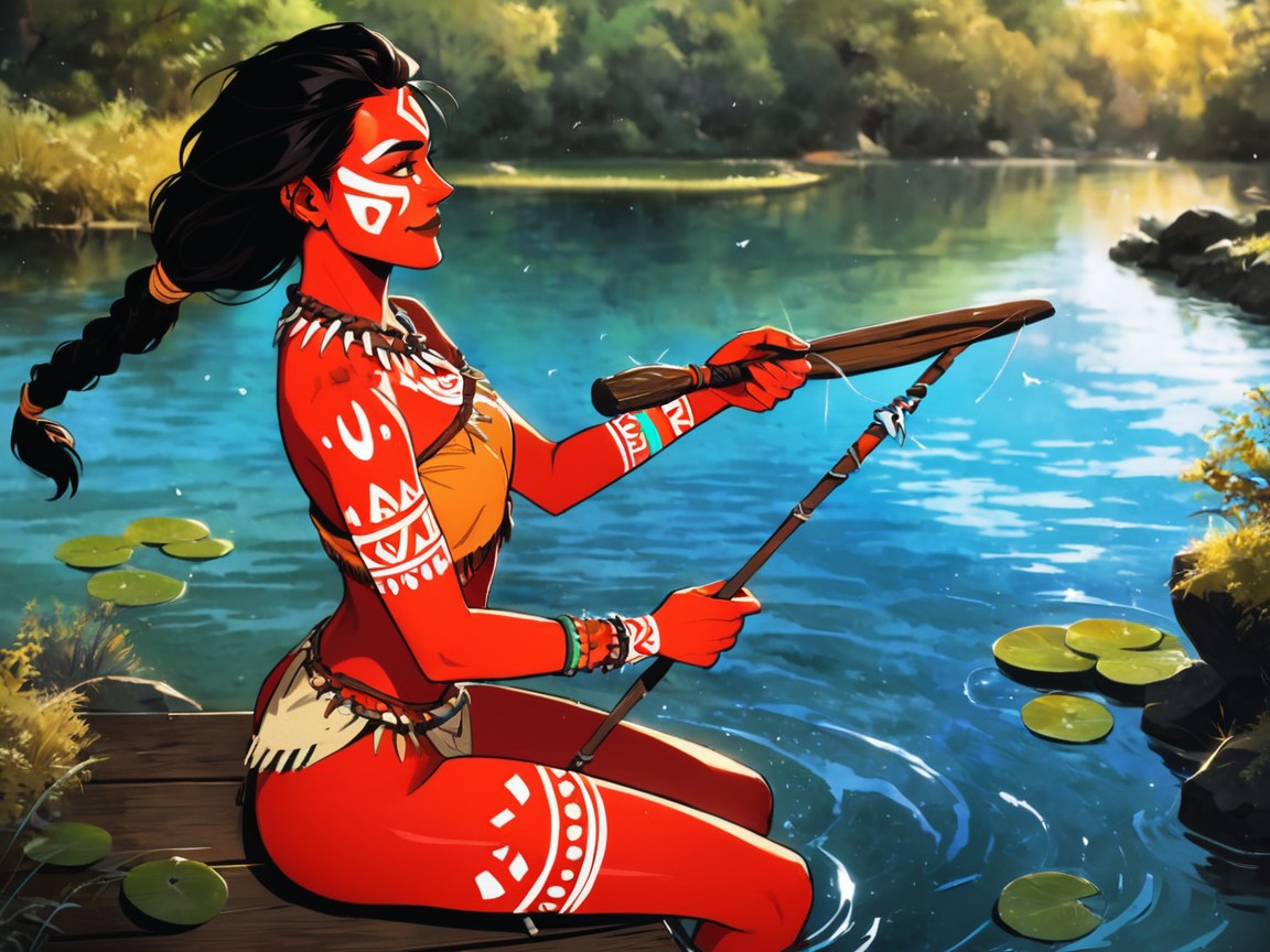 Wearing Orange Tribal Scout Clothes, Orange Tribal Necklace, Fantasy Setting Porno latina IA