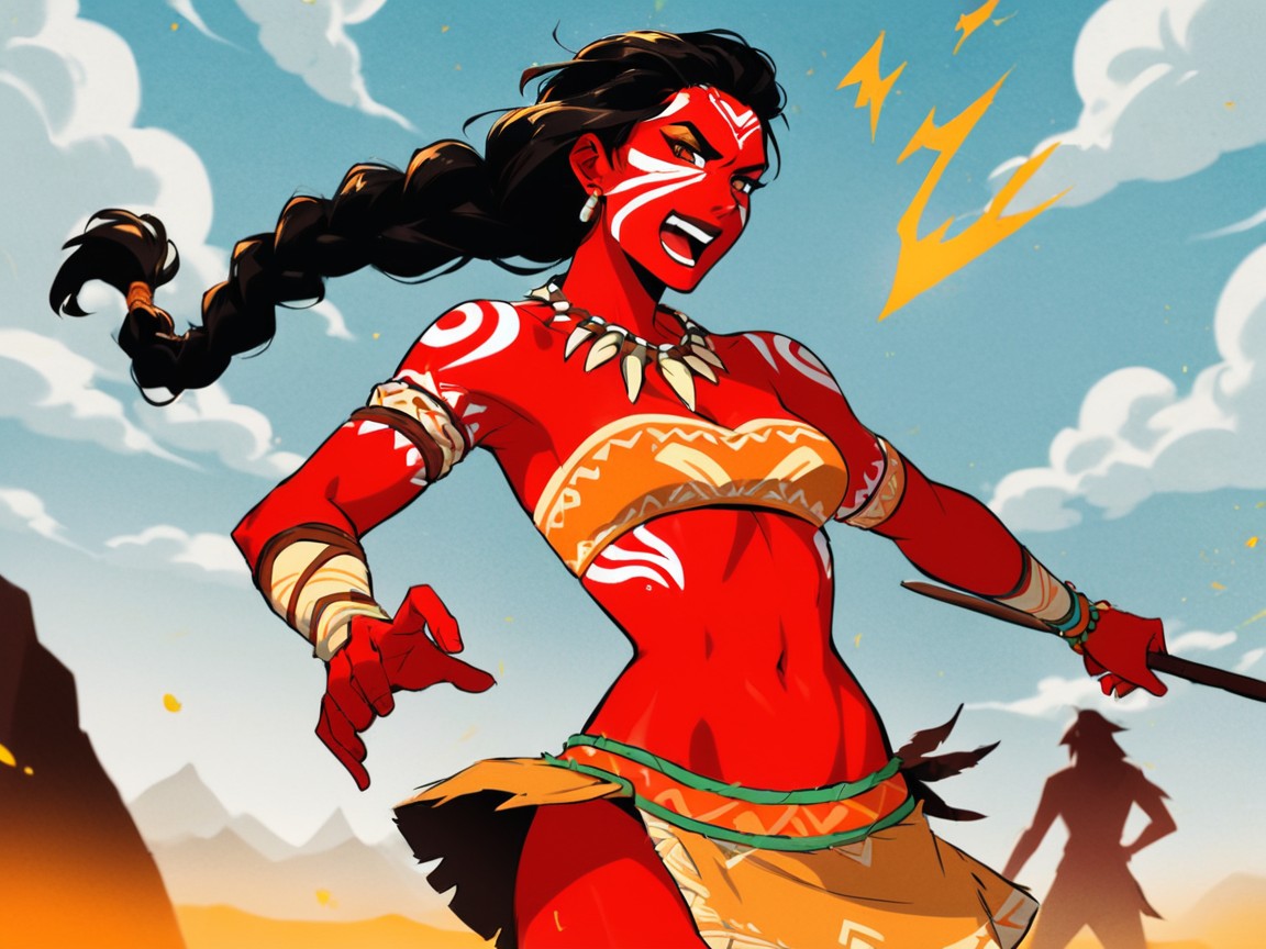 Woman Spinning Rapidly, Neon Orange Energy Surge, Tribal Leather Skirt Latina AI Porn