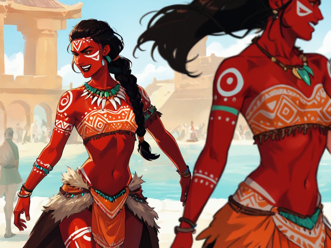 Orange Tribal Body Paint, Woman Pointing, Rounded Hips Latina AI Porn