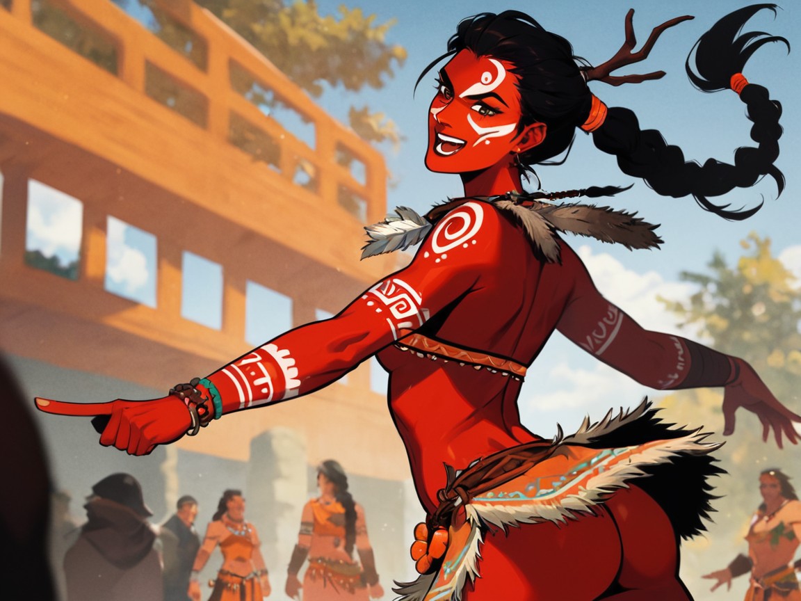 Wearing Orange Tribal Scout Clothes, Deer Pelt Cloak, Side View Latina AI Porn