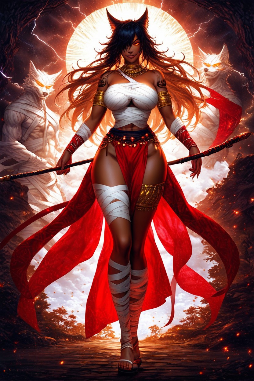 Lightning Demon Woman, Gold Fuffy Fox Tail, Ultra Detailed Hentai AI Porn