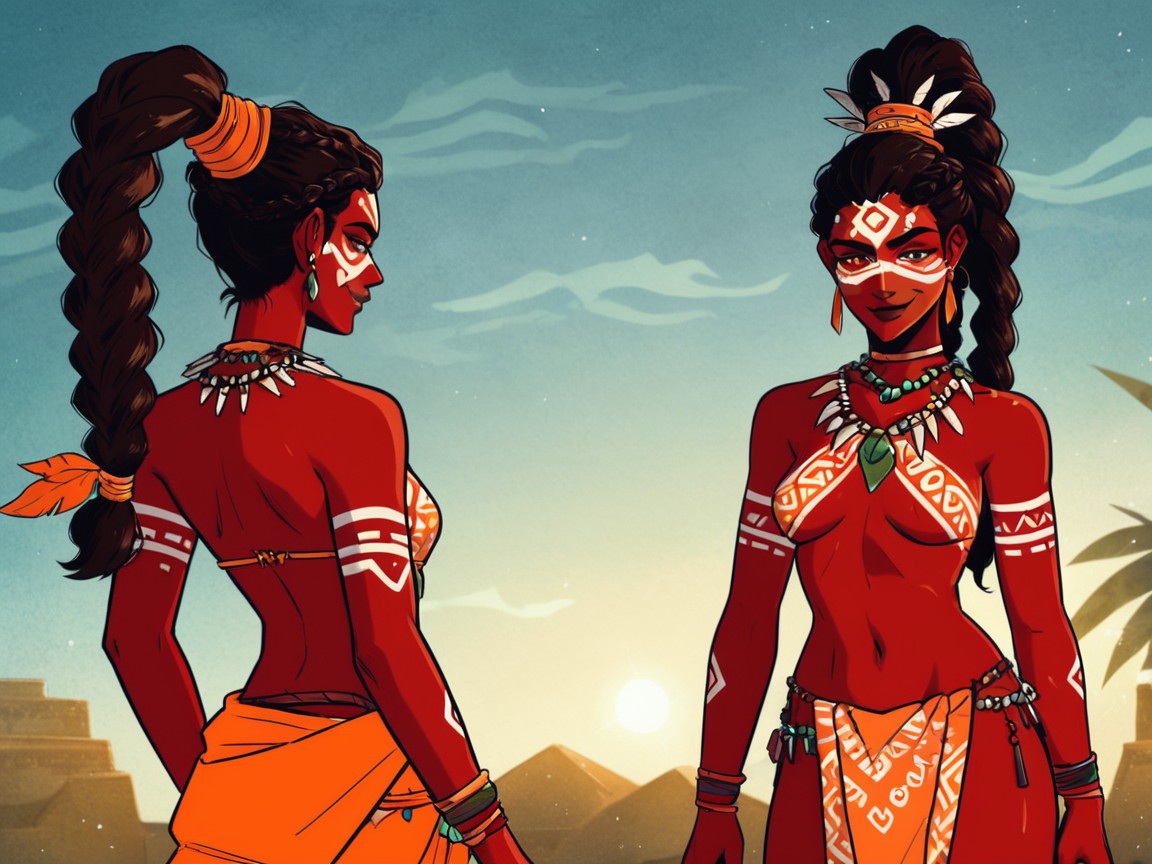 Tribal Gem Belt, Village Huts In Background, Close Set Breasts Latina AI Porn