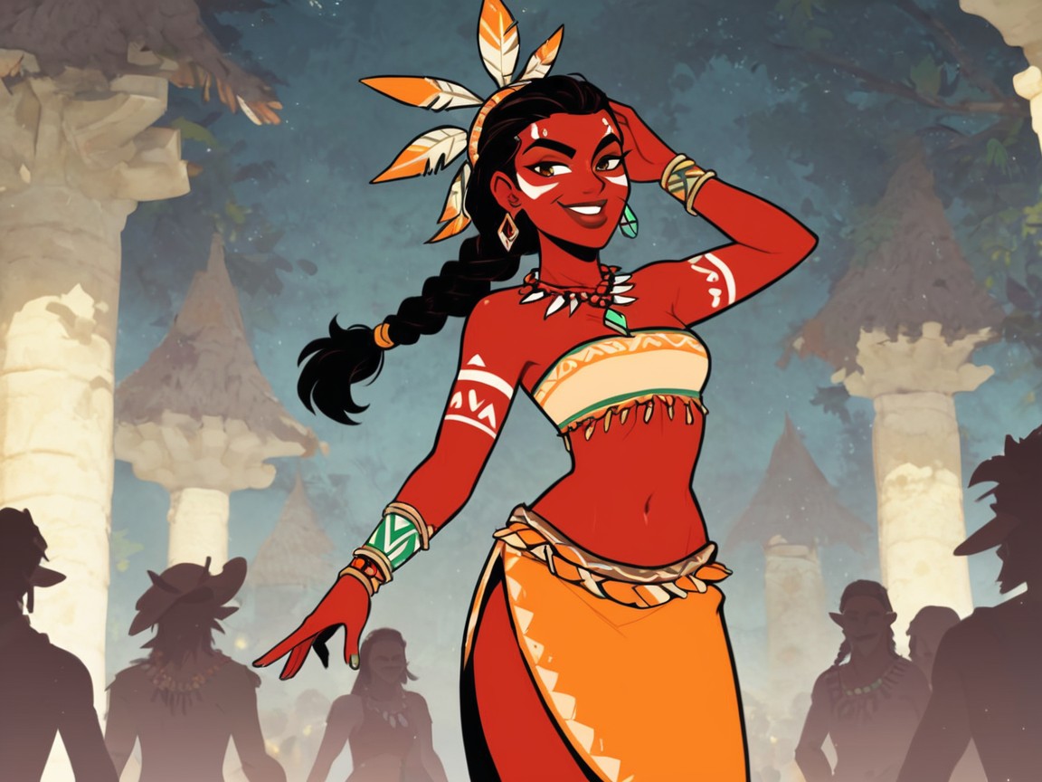 Wearing Orange Tribal Chief Clothes, Laughing, Orange Sarong Latina AI Porn