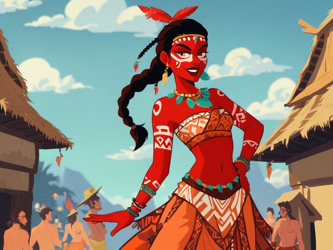 Orange Tribal Body Paint, Vibrant Saturated Colors, Tribal Gem Belt Latina AI Porn