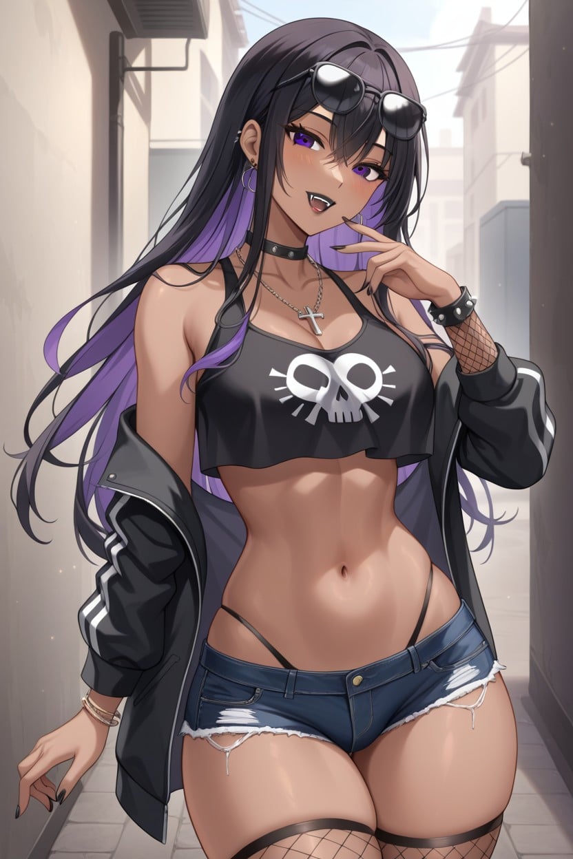 Multicolored Hair, Fangs, Black Lipstick Hentai AI Porn