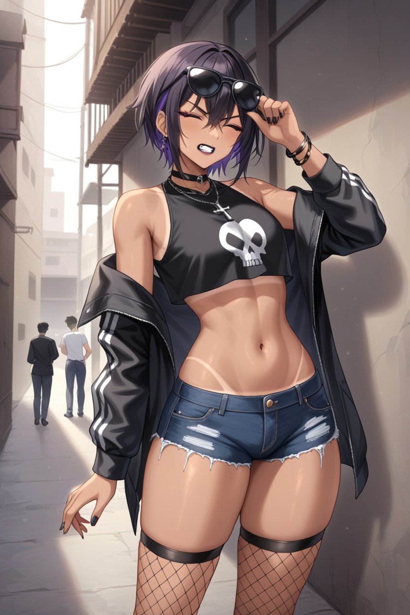 Messy Hair, Feminine, Skull Print Crop Top Hentai AI Porn